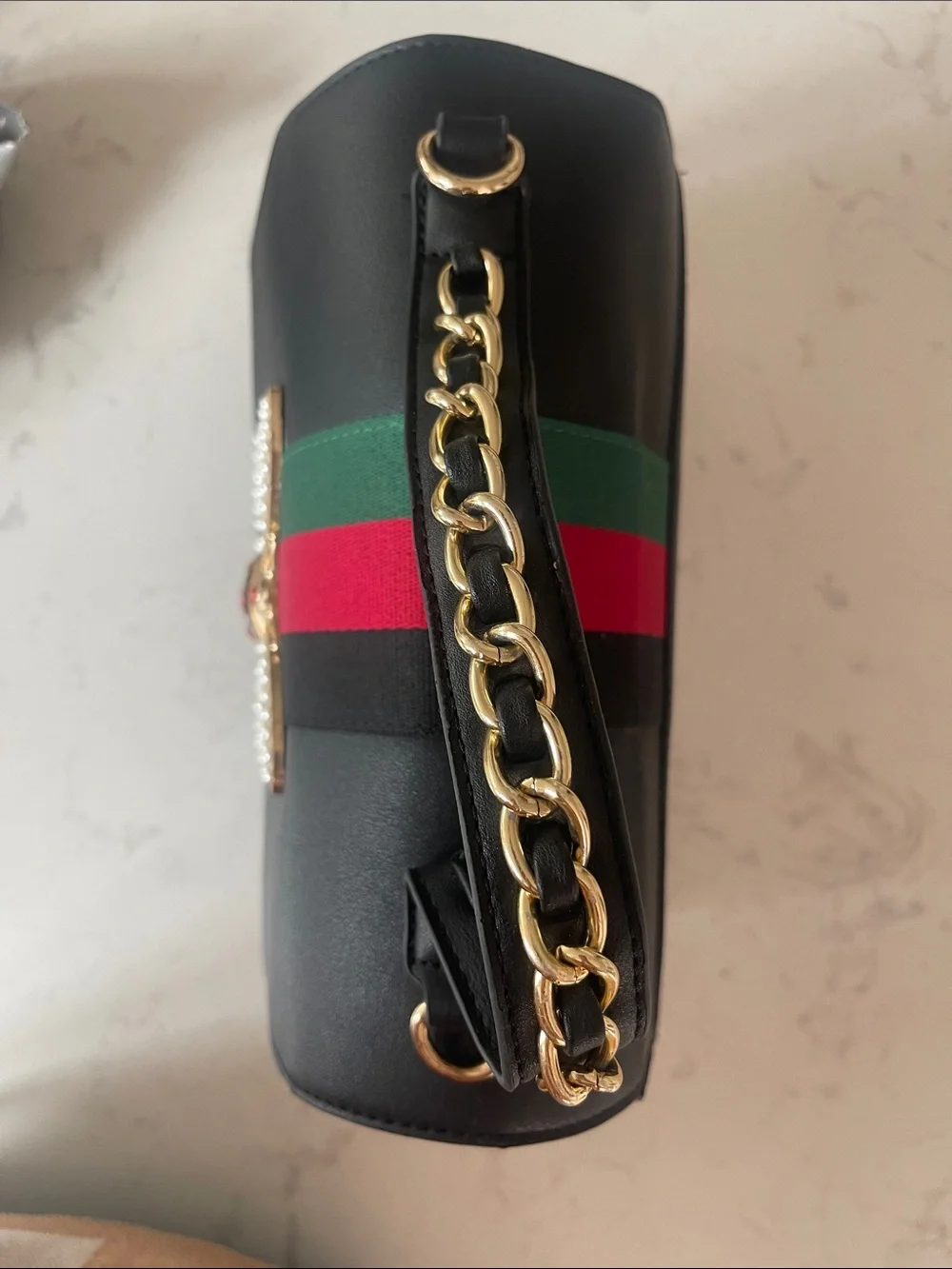 Black Top-Handle Satchel with Red-Green Stripe and Gold Bee Accent
